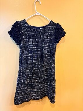 Girls Navy boucle Dress with Floral Sleeve Detail